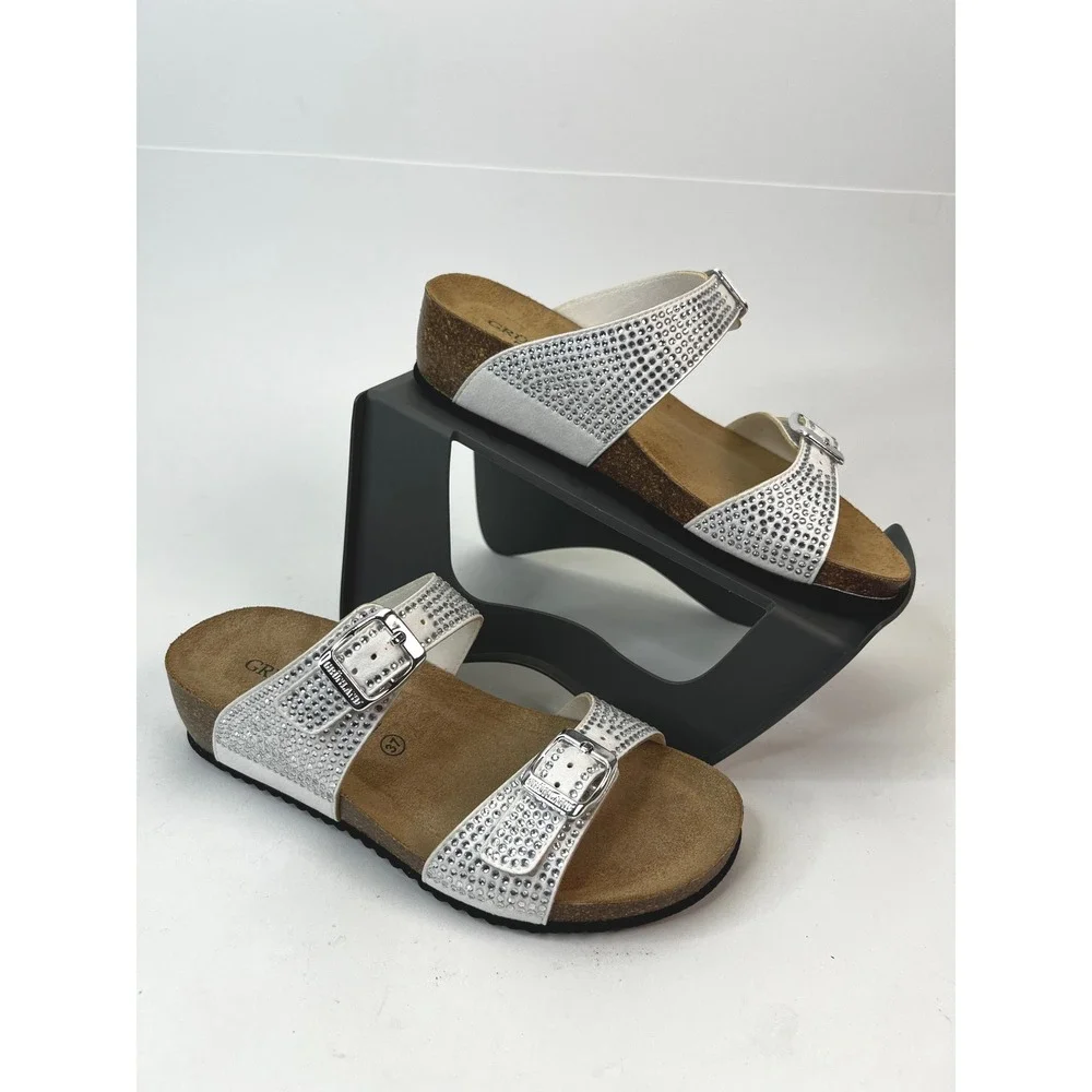 Grunland Rhinestone Embellished White Buckle Sandals Size 37 EU ~ US‎ 6.5-7